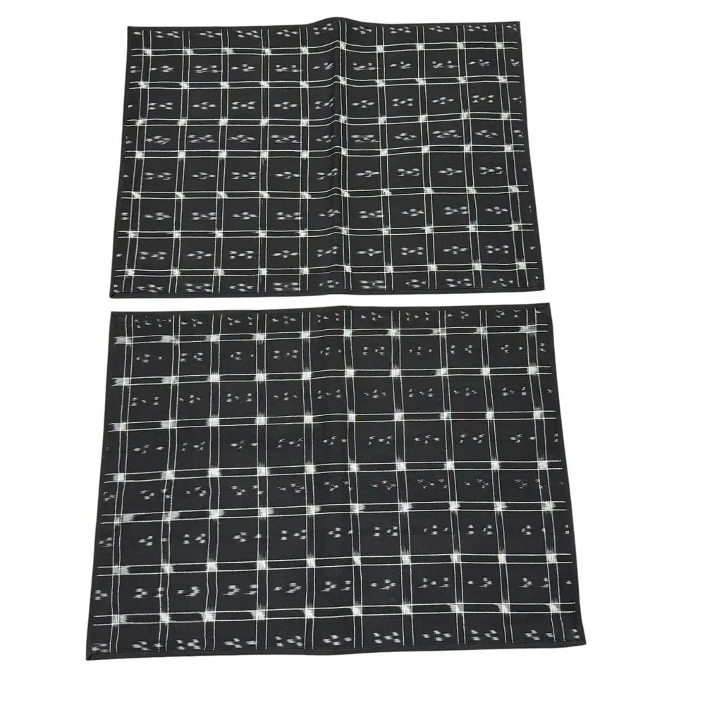 Crate & Barrel Placemats Black Cotton Checkered Pique Woven Rectangle X4 NEW